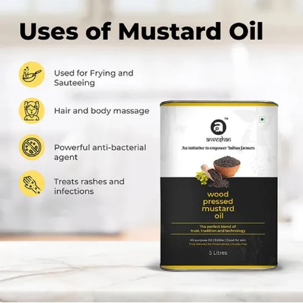 Anveshan Wood Cold Pressed Kachi Ghani Black Mustard Cooking Oil, 5 L Tin-5.webp